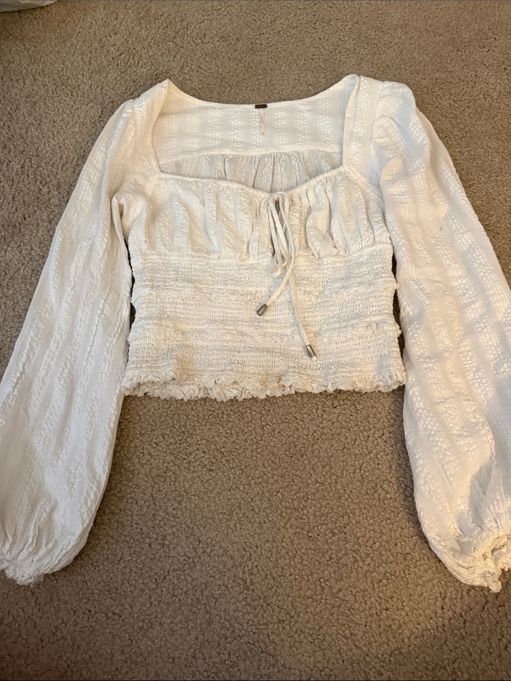 Free People Ivory Smocked Tie-Front Long Sleeve Crop Top